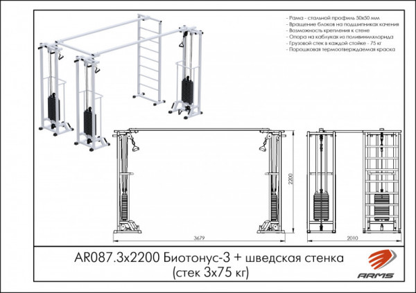 Биотонус-3+шведская стенка (стек 3х75кг) h 2,4 м